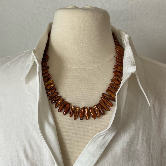 New Biwa Pearl Necklace, Handmade, Copper Stick Pearls, Statement Necklace, BoHo - Picture 7 of 10